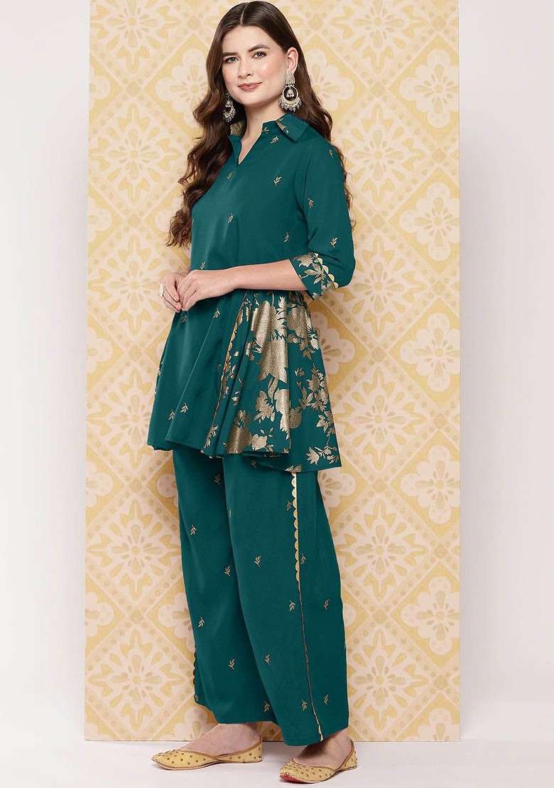 Green Floral Woven Design Shirt Collar Tunic With Palazzo - Indya