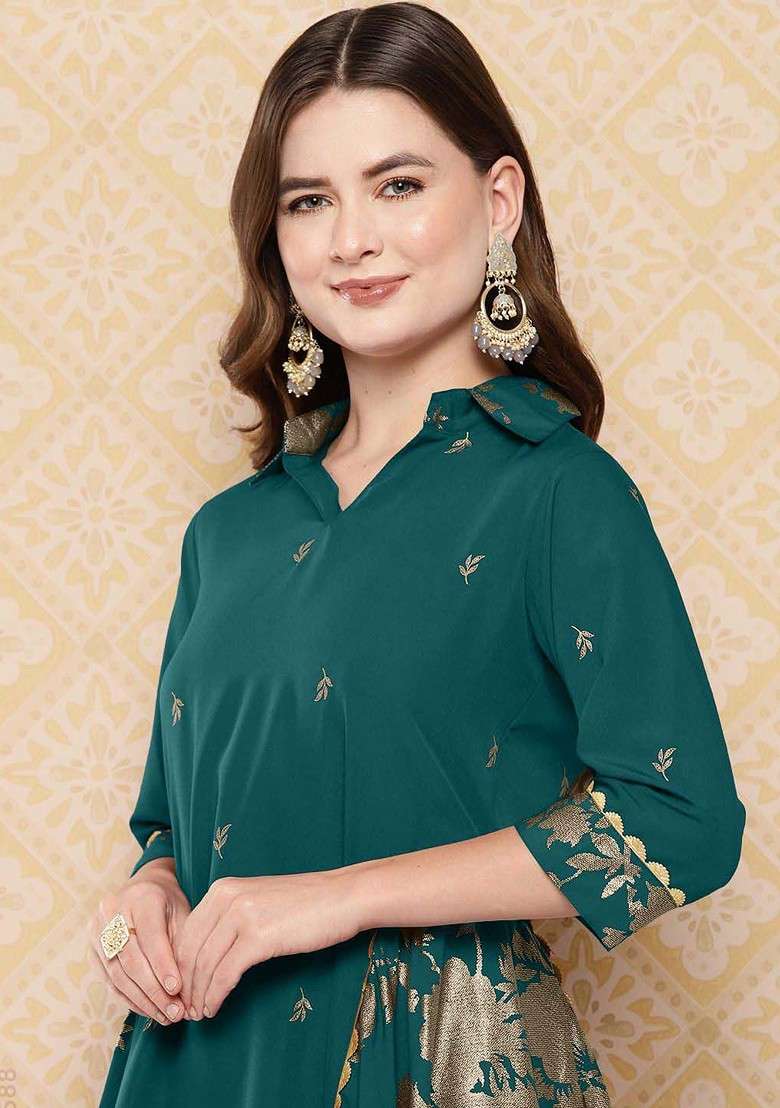Green Floral Woven Design Shirt Collar Tunic With Palazzo - Indya