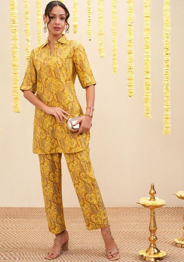 Yellow Yellow And Brown Paisley Printed Shirt Collar Tunic And Trousers