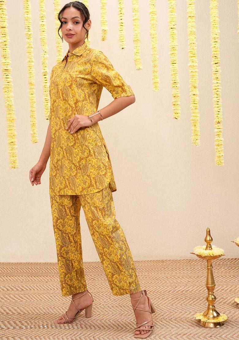 Yellow Yellow And Brown Paisley Printed Shirt Collar Tunic And Trousers