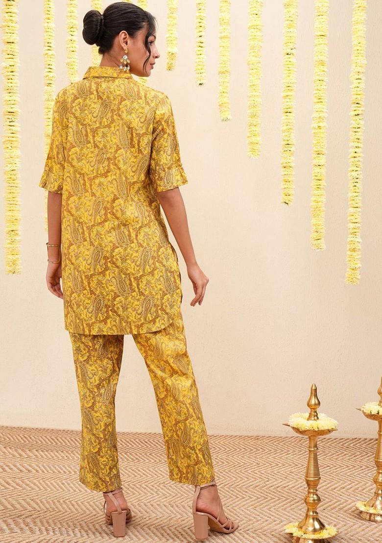 Yellow Yellow And Brown Paisley Printed Shirt Collar Tunic And Trousers