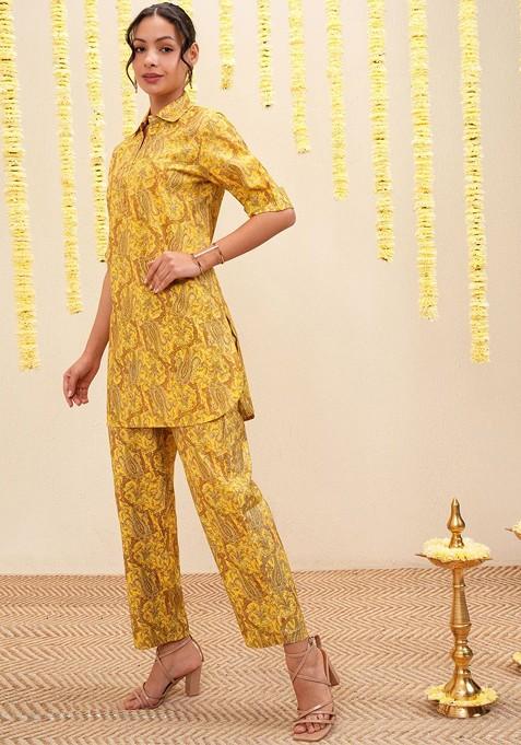 Yellow Yellow And Brown Paisley Printed Shirt Collar Tunic And Trousers