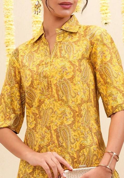 Yellow Yellow And Brown Paisley Printed Shirt Collar Tunic And Trousers
