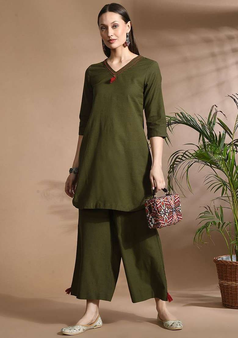Green Vneck Three Quarter Sleeve Top And Trouser - Indya