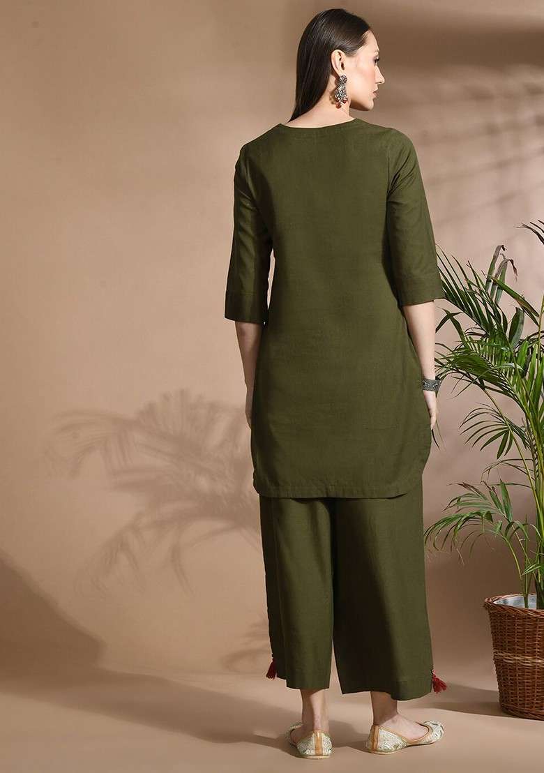Green Vneck Three Quarter Sleeve Top And Trouser - Indya