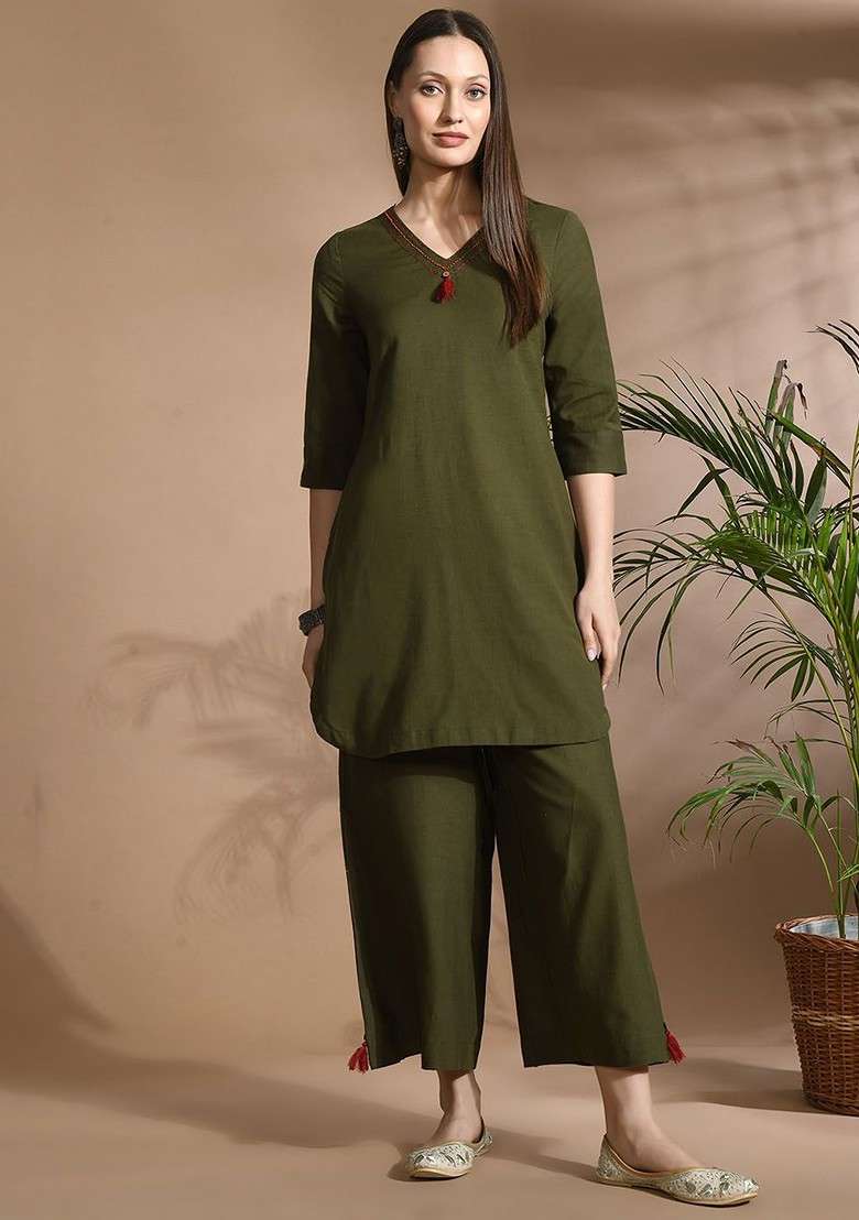 Green Vneck Three Quarter Sleeve Top And Trouser - Indya