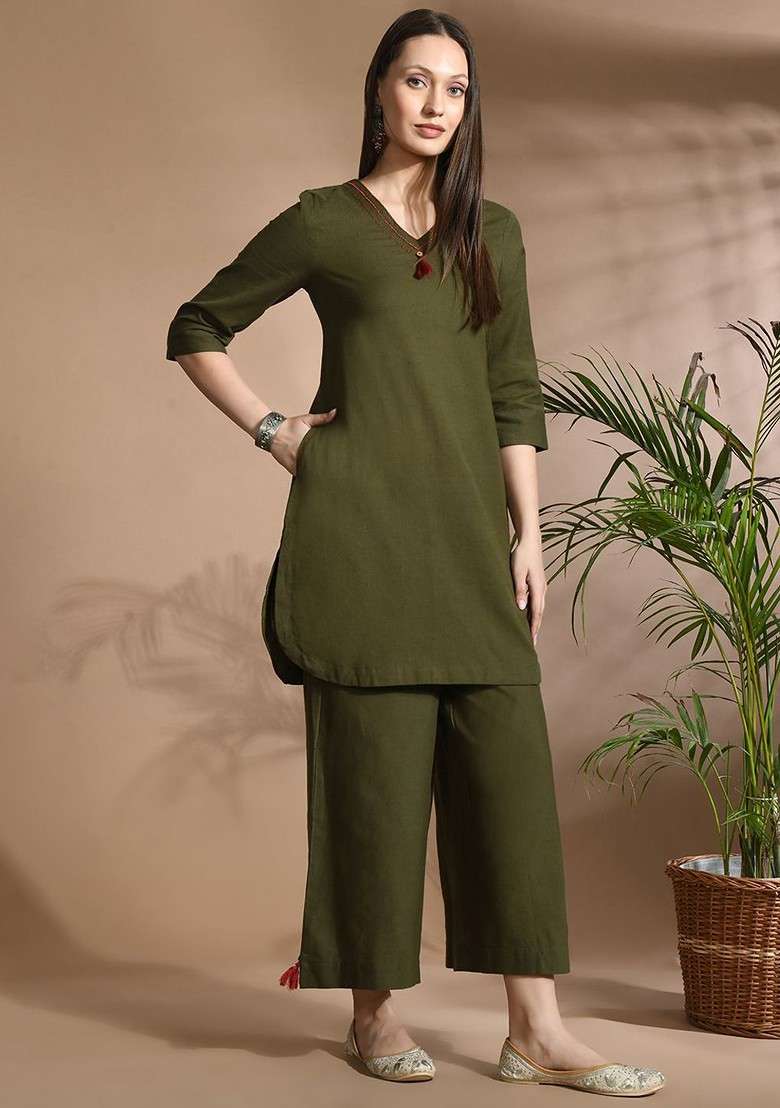 Green Vneck Three Quarter Sleeve Top And Trouser - Indya