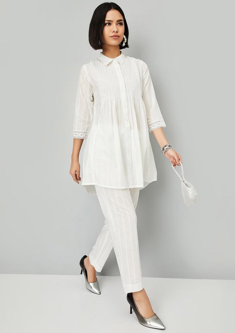 Off White Omen Regular Kurta Ith Trousers - Indya