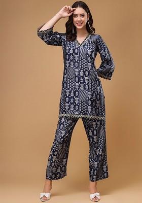 Blue Ethnic Motifs Printed Lace Top And Trouser