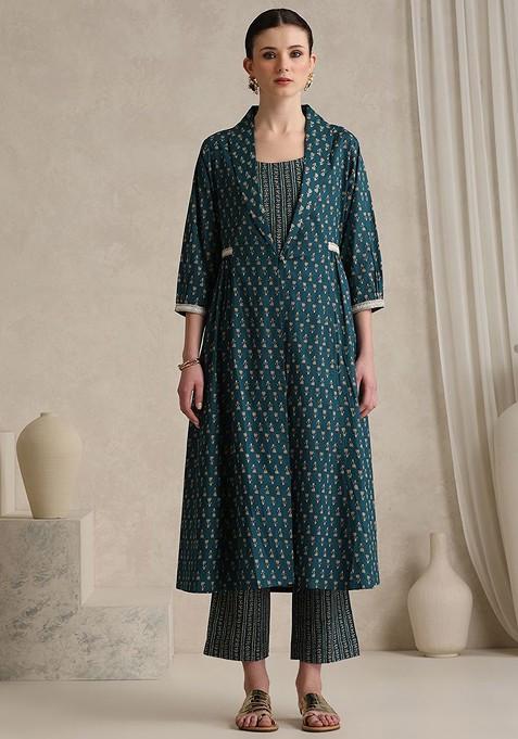 Teal Handblock Printed Cotton Tunic With Trouser And Jacket Coords