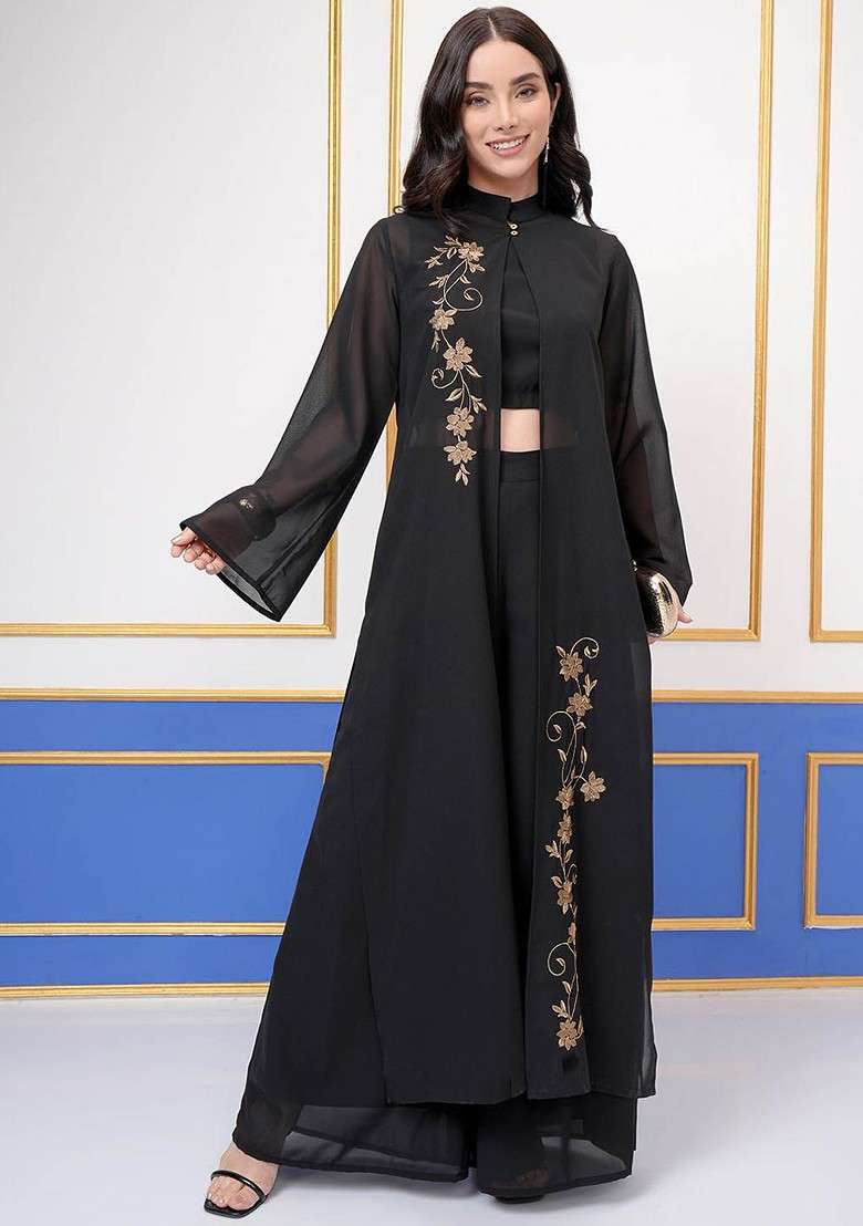 Black Round Neck Sleeveless Top Wth Palazzo With Embroidered Shrug - Indya