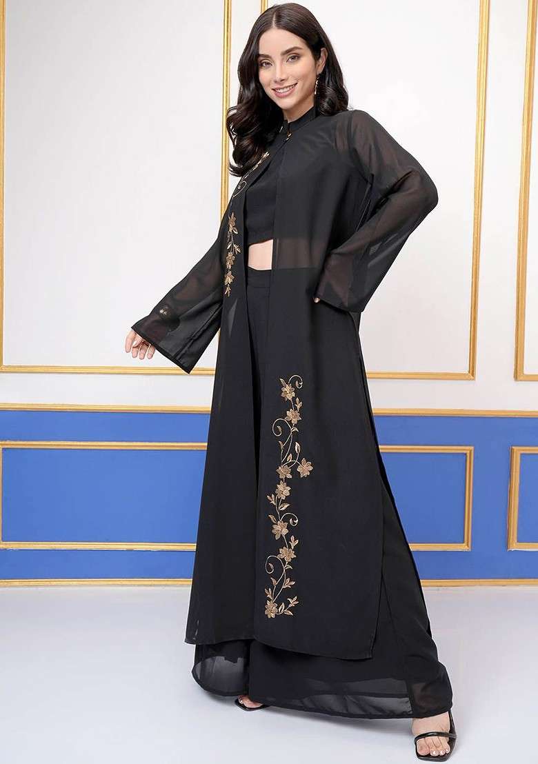 Black Round Neck Sleeveless Top Wth Palazzo With Embroidered Shrug - Indya