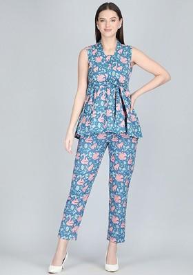 Blue Floral Printed Vneck Pure Cotton Tunic With Trouser