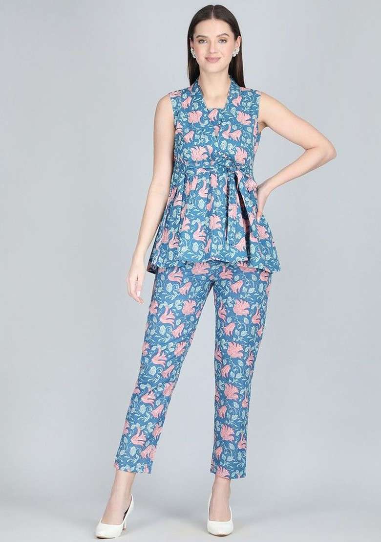 Blue Floral Printed Vneck Pure Cotton Tunic With Trouser - Indya