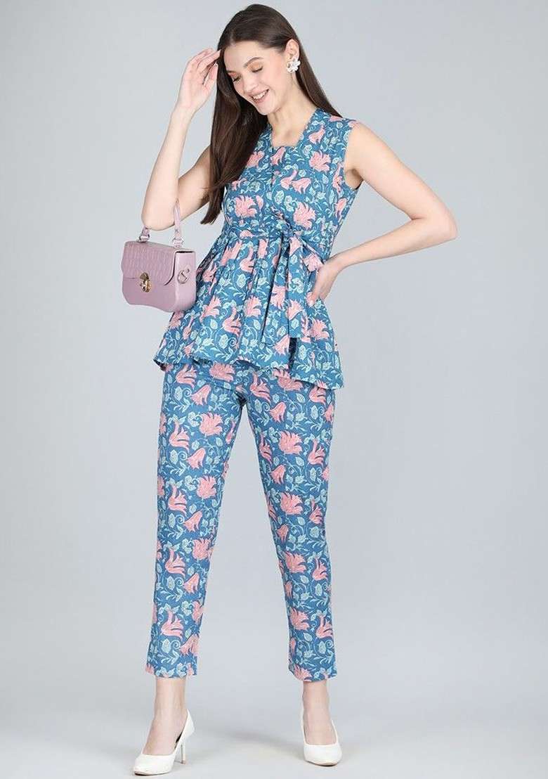 Blue Floral Printed Vneck Pure Cotton Tunic With Trouser - Indya