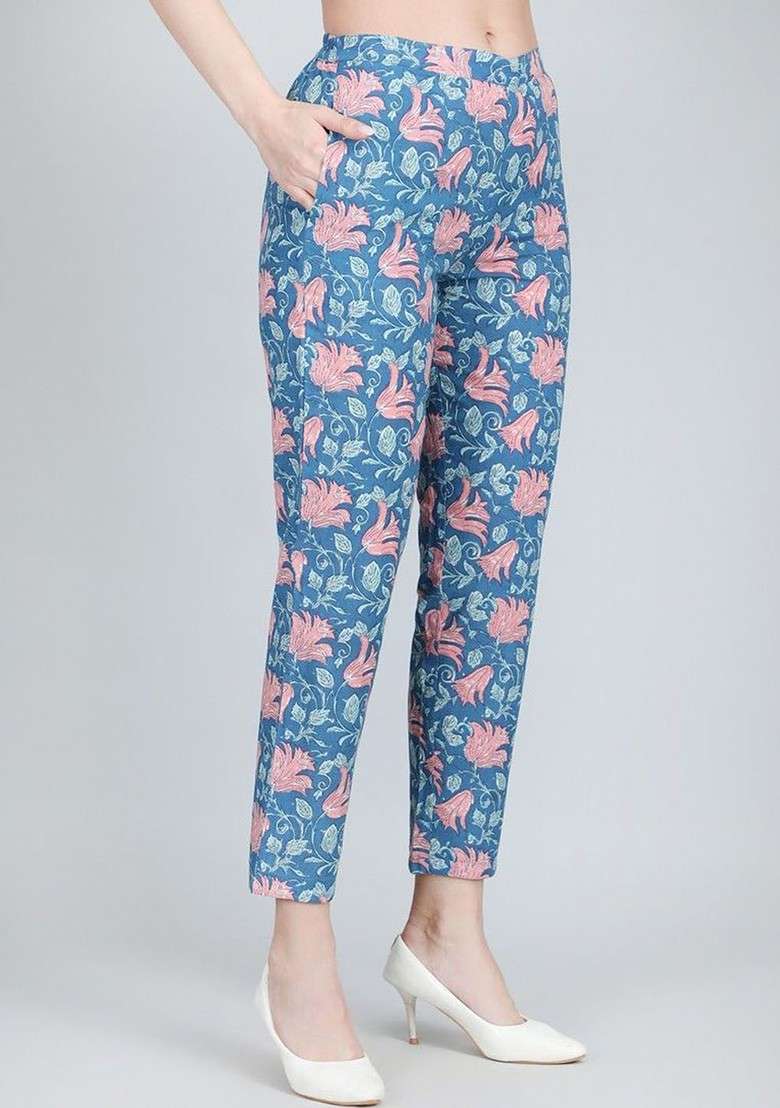 Blue Floral Printed Vneck Pure Cotton Tunic With Trouser - Indya