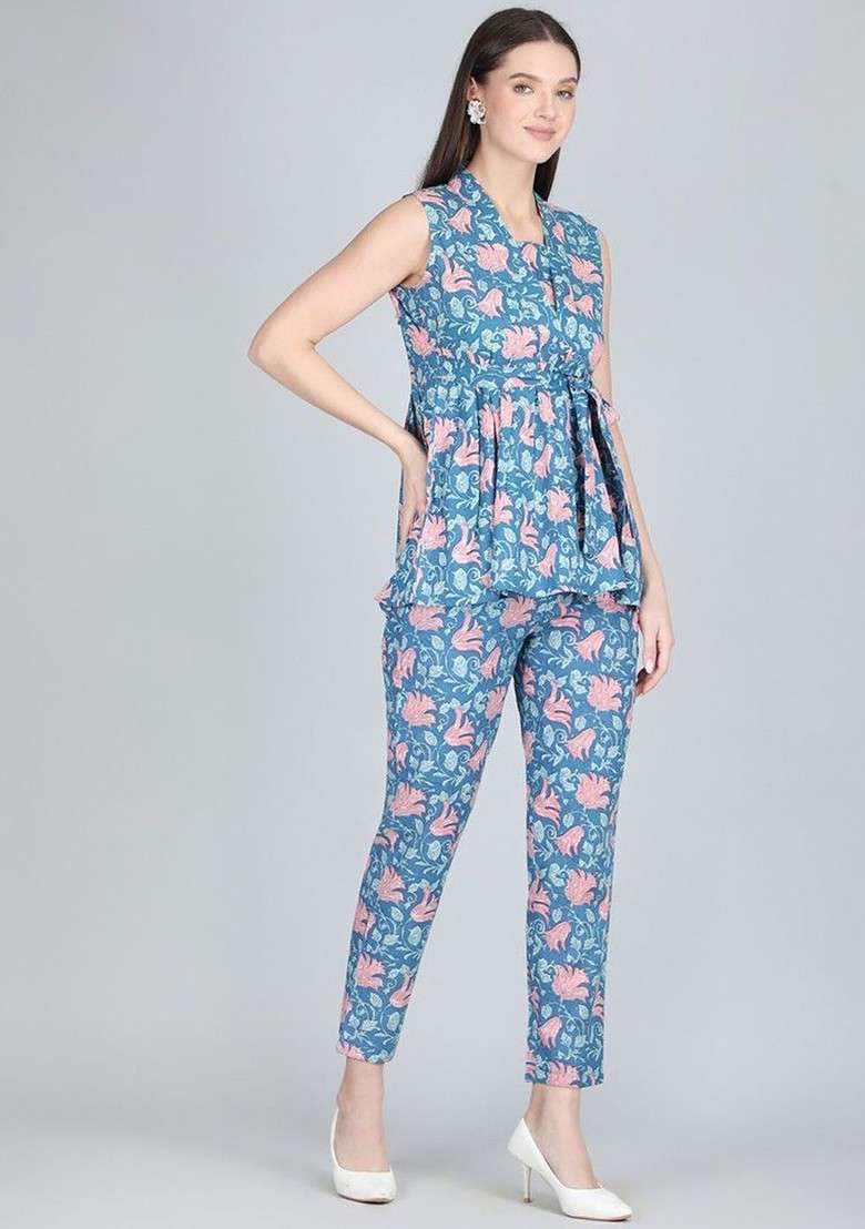 Blue Floral Printed Vneck Pure Cotton Tunic With Trouser - Indya