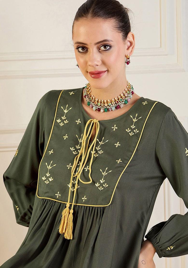 Olive Embroidered Peplum Top With Palazzo Coords