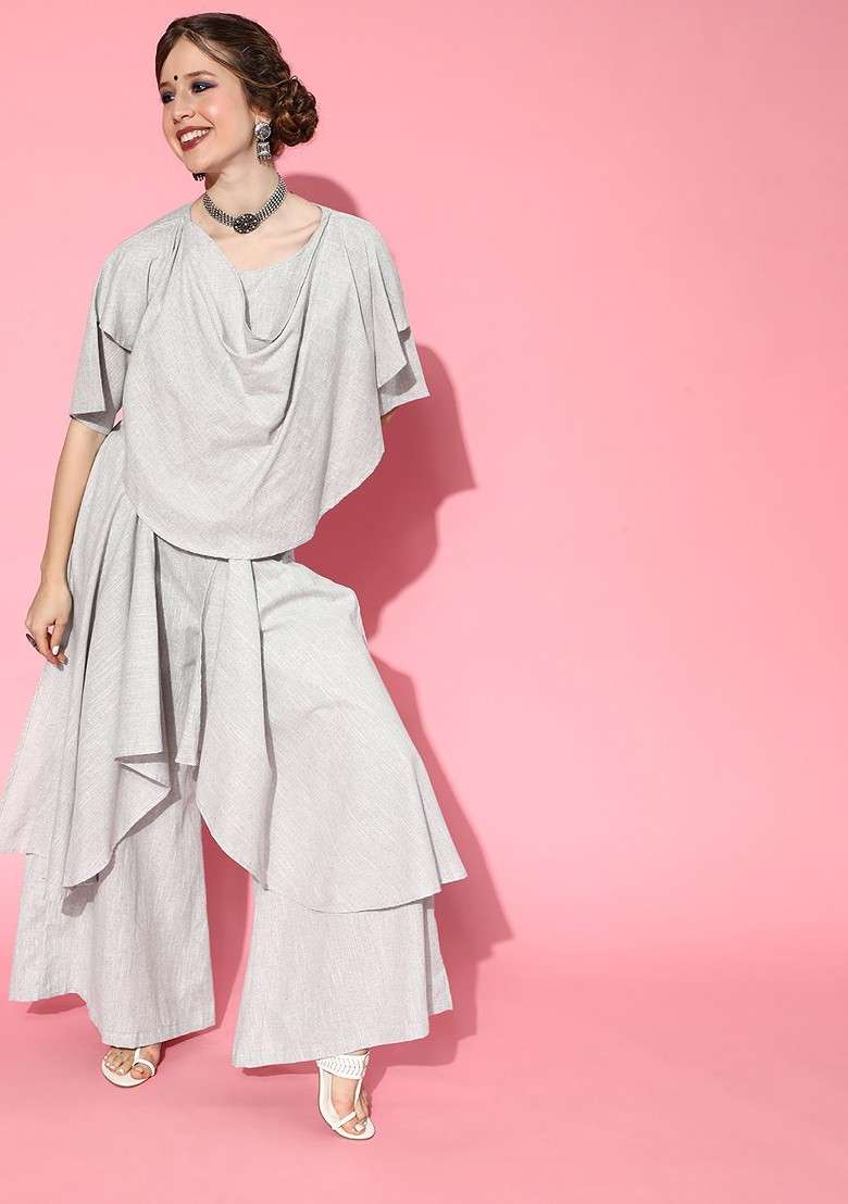 Grey Women Beautiful Grey Solid Top With Palazzos - Indya