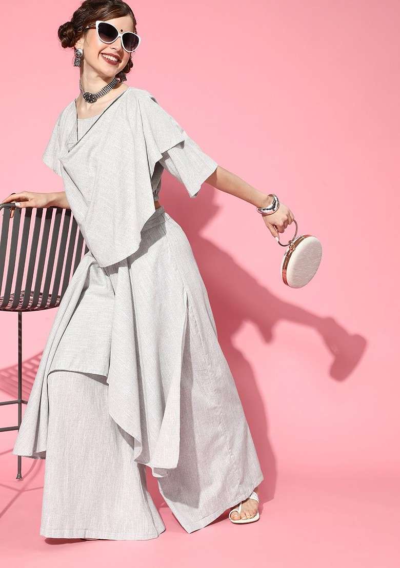 Grey Women Beautiful Grey Solid Top With Palazzos - Indya