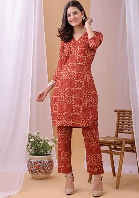 Red Printed V Neck Top With Trousers Coords