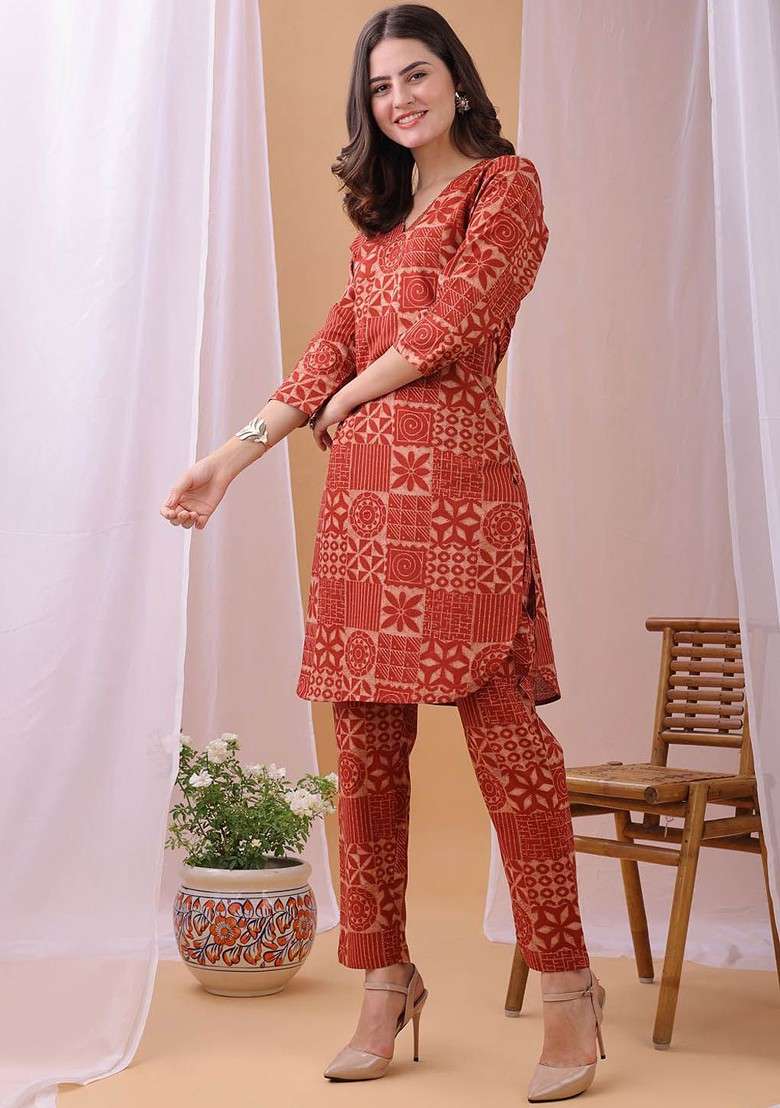 Red Printed V Neck Top With Trousers Coords - Indya
