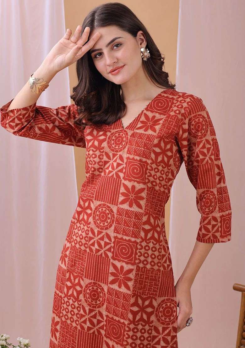 Red Printed V Neck Top With Trousers Coords - Indya