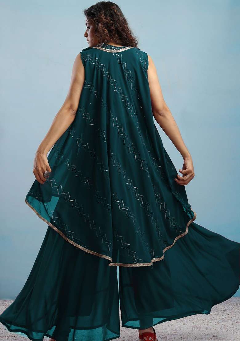 Teal Geometric Embroidered Halter Neck Sequinned Crop Top With Palazzos And Dupatta - Indya