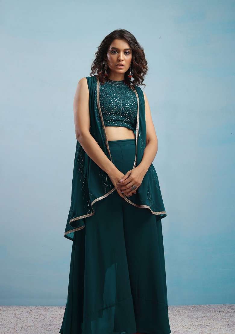 Teal Geometric Embroidered Halter Neck Sequinned Crop Top With Palazzos And Dupatta - Indya