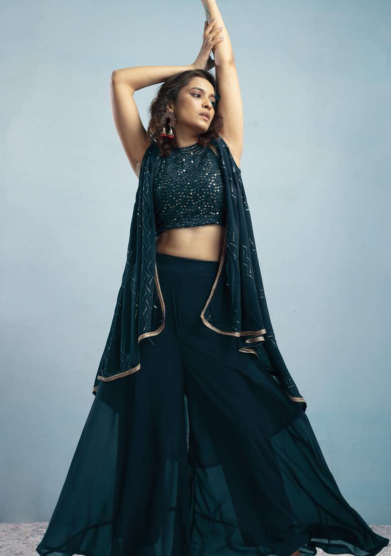 Teal Geometric Embroidered Halter Neck Sequinned Crop Top With Palazzos And Dupatta - Indya