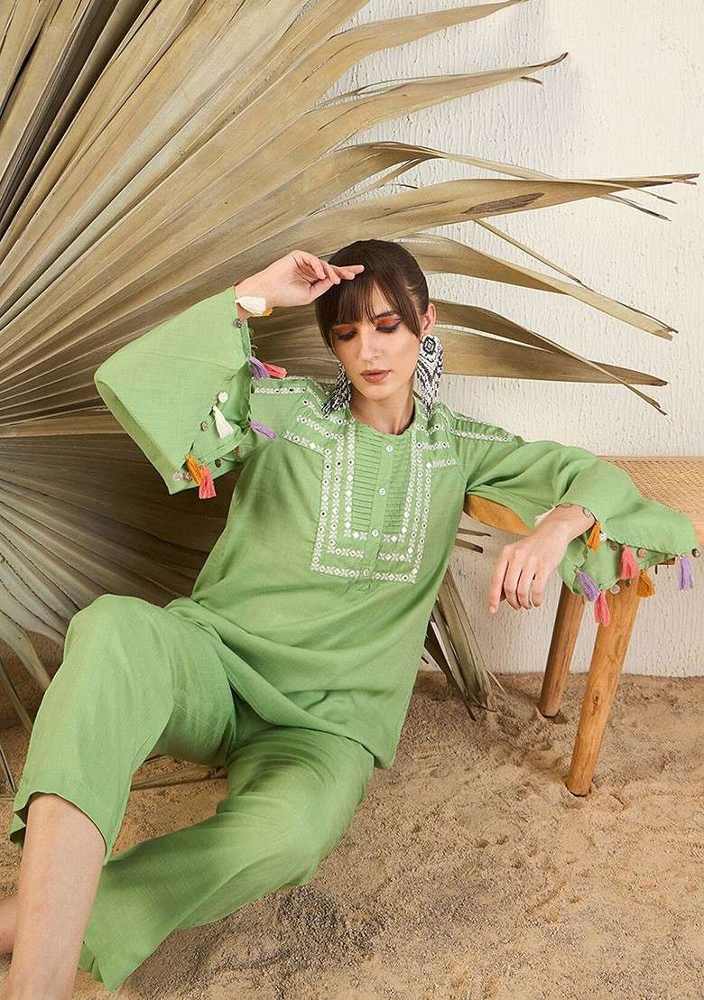Green Embroidered Flared Sleeve Top With Trouser - Indya
