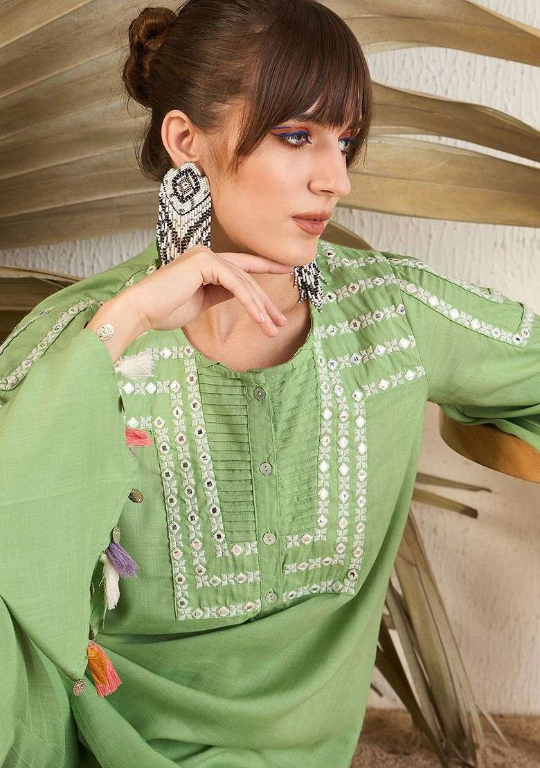 Green Embroidered Flared Sleeve Top With Trouser - Indya