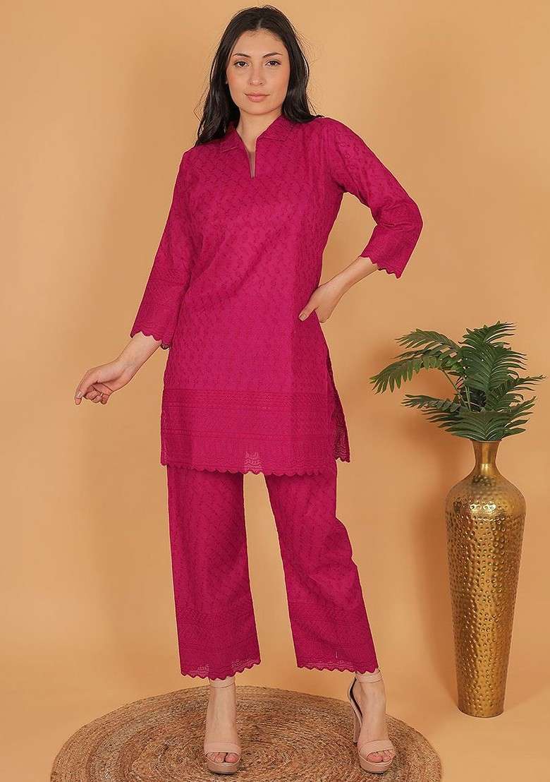 Fuchsia Floral Embroidered Shirt Collar Tunic Ith Trouser - Indya
