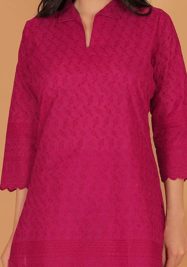 Fuchsia Floral Embroidered Shirt Collar Tunic Ith Trouser - Indya