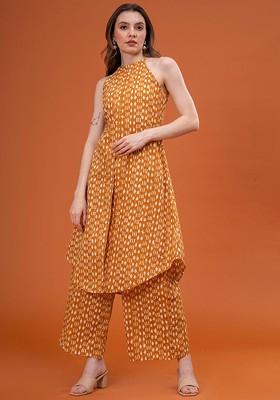 Mustard Printed Cotton Halter Neck Tunic Ith Palazzos Coords