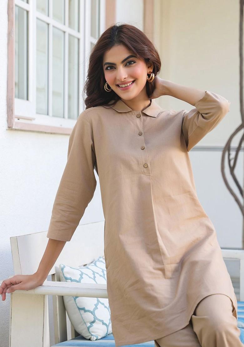 Beige Women Beige Cotton Solid Aline Coord Set - Indya