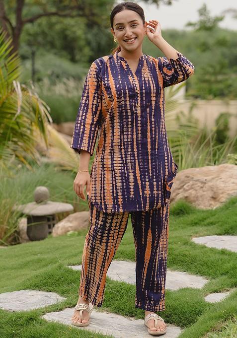 Navy Blue Abstract Dyed Mandarin Collar Threequarter Sleeves Top With Palazzo