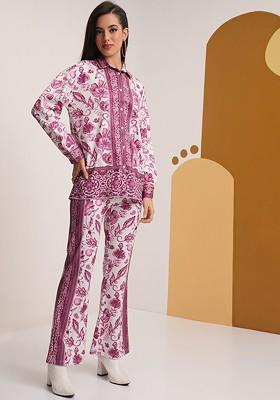 White Printed Coord Set Shirt With Elasticated Palazzo