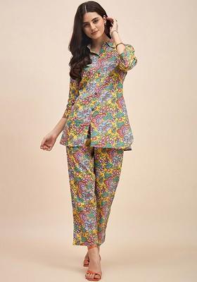 Yellow Floral Printed Shirt Collar Pure Cotton Tunic With Trousers