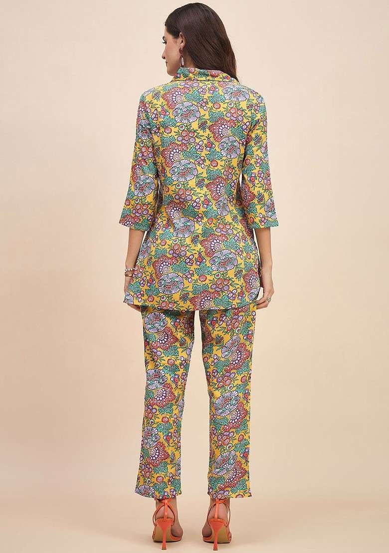 Yellow Floral Printed Shirt Collar Pure Cotton Tunic With Trousers - Indya