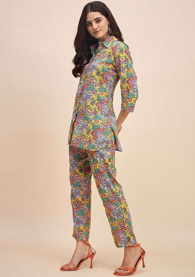 Yellow Floral Printed Shirt Collar Pure Cotton Tunic With Trousers - Indya
