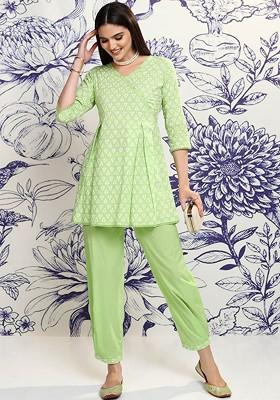 Green Green Printed Pure Cotton Tunic And Trousers