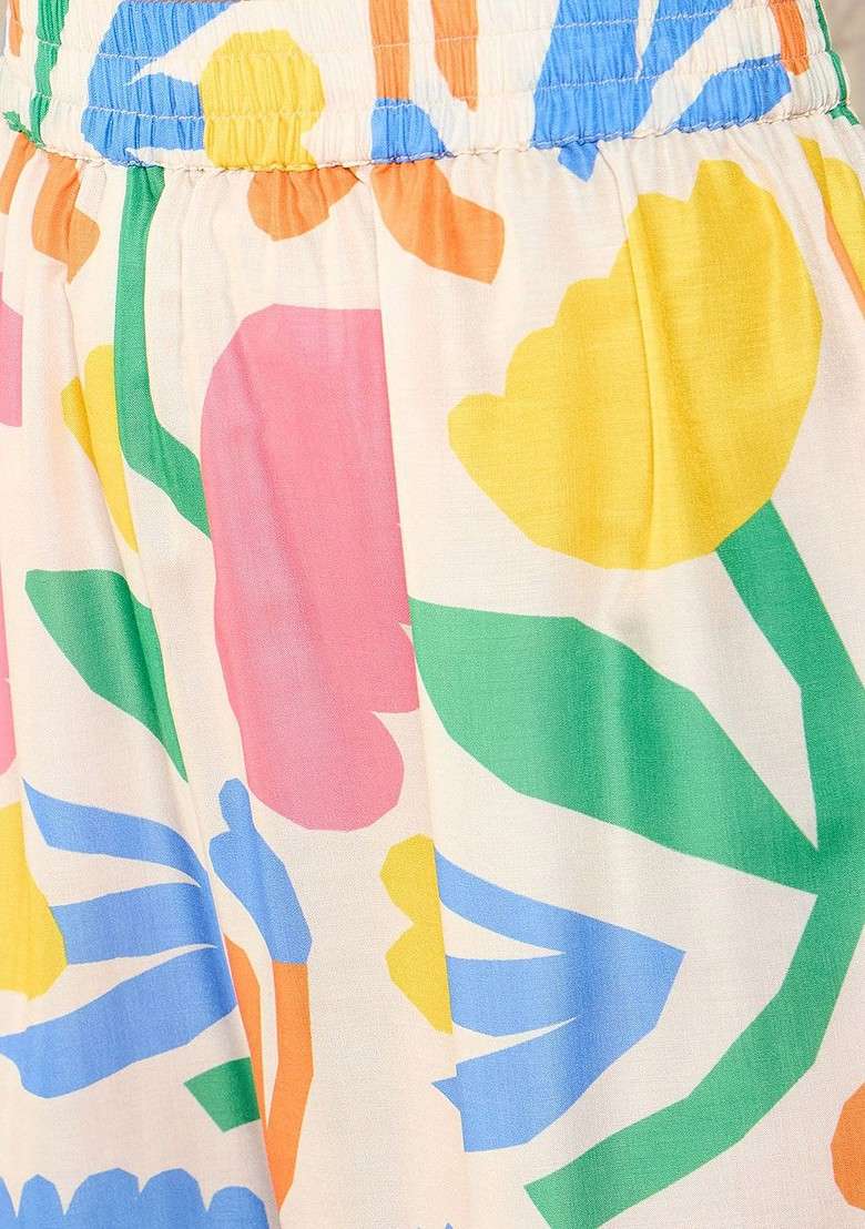 Off White Off White Floral Printed Vneck Threequarter Sleeves Top With Trouser - Indya
