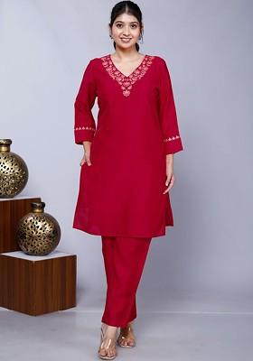 Red Floral Embroidered Vneck Threequarter Sleeves Top With Trouser