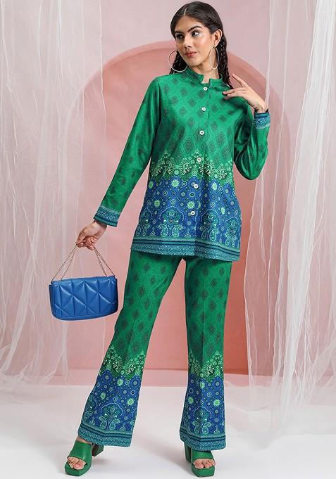 Green Women Mandrain Collar Shirt With Bell Bottom Shaped Pants