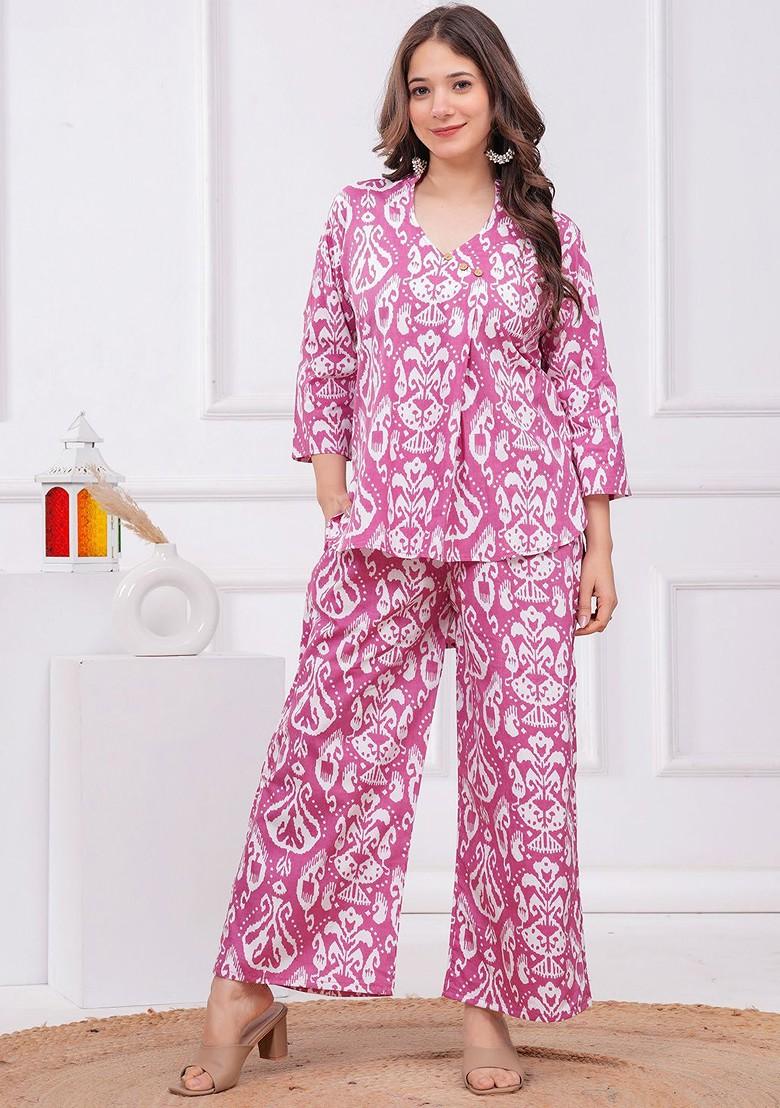 Pink Women Ethnic Motifs Printed Pure Cotton Tunic And Palazzos Coords Set