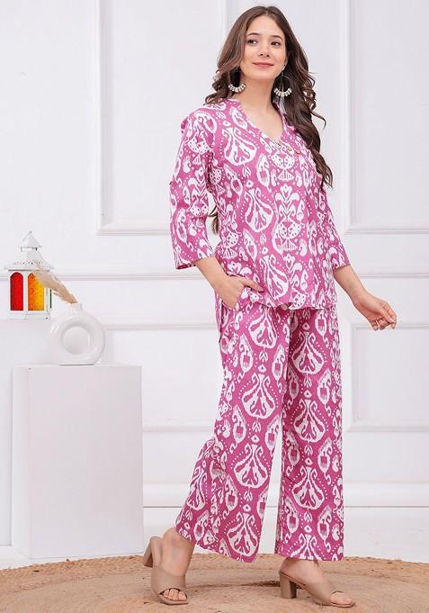 Pink Women Ethnic Motifs Printed Pure Cotton Tunic And Palazzos Coords Set