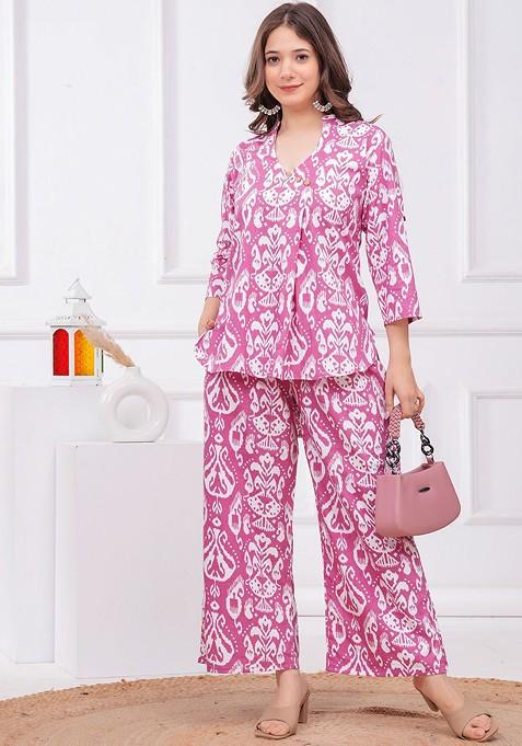Pink Women Ethnic Motifs Printed Pure Cotton Tunic And Palazzos Coords Set