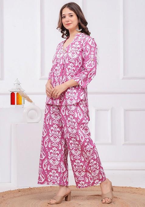 Pink Women Ethnic Motifs Printed Pure Cotton Tunic And Palazzos Coords Set