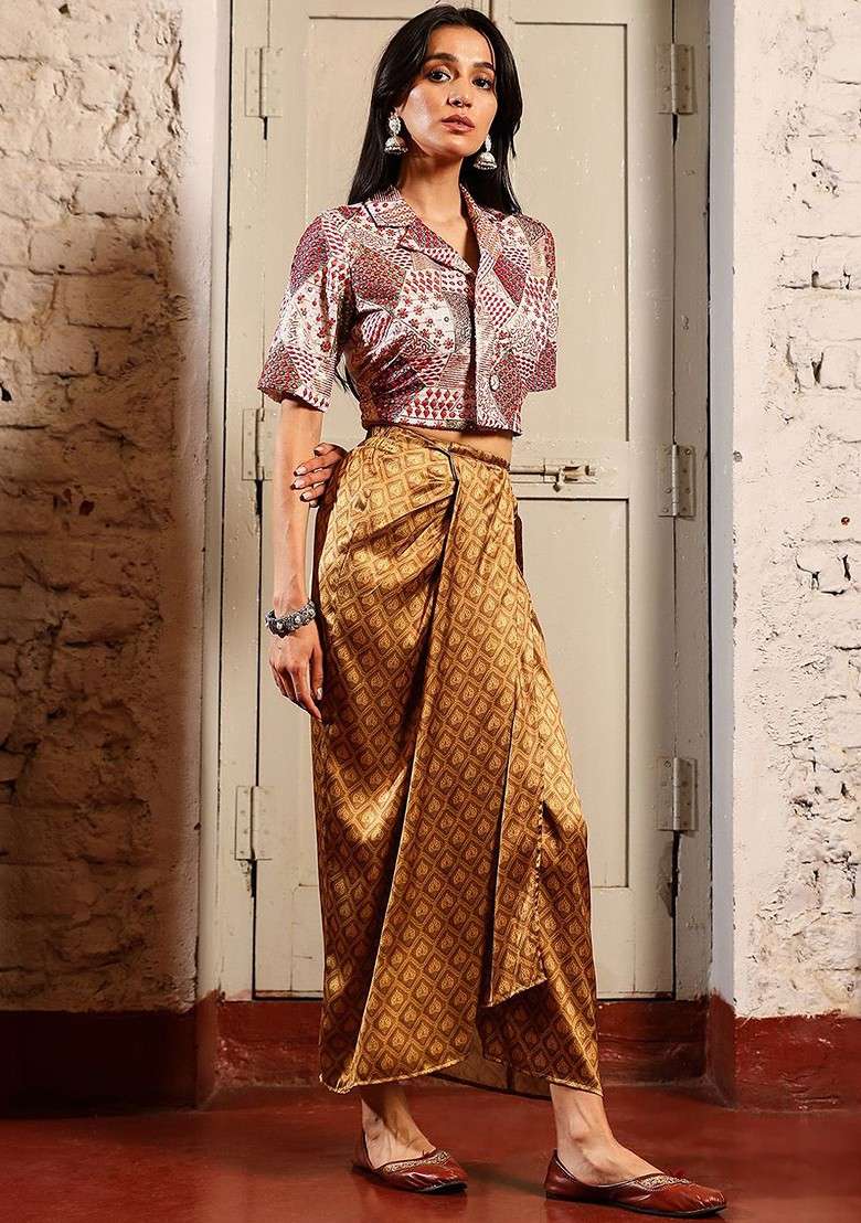 White Embroidered Shirt Collar Top With Skirt - Indya